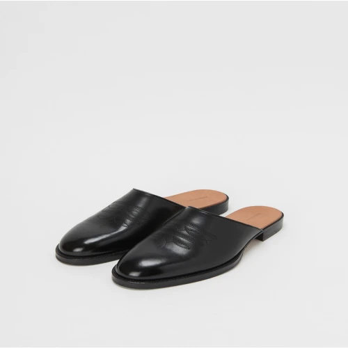 Front view of Hender Scheme Cheak Leather Backless Shoes in premium leather mule design