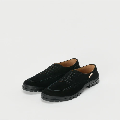 Front view of Hender Scheme Derby Classic Shoes with Vibram showing open lacing and smooth leather upper