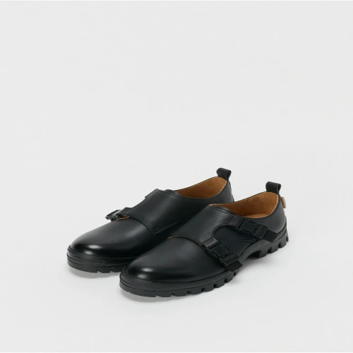 Front view of Hender Scheme Double Monk Leather Shoes showing dual buckle straps and smooth leather upper