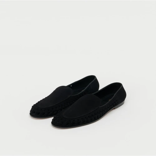 Front view of Hender Scheme Libido Black Leather Shoes in premium black leather