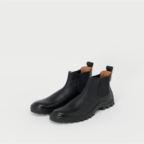 Hender Scheme Side Gore Leather Boots Front view of Hender Scheme Side Gore Leather Boots showcasing smooth leather finish and elastic side panels